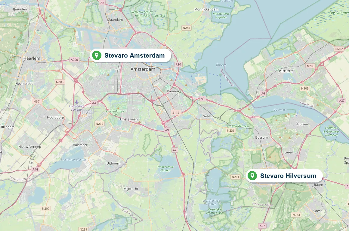 Kaart met de vestigingen van Stevaro Hoveniers in Hilversum en Amsterdam